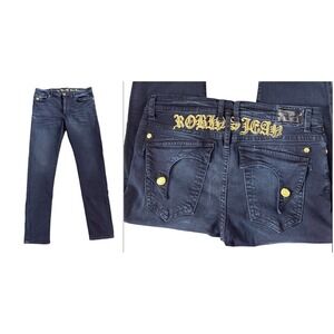 Robins Jean Mens Dark Wash Gold Embroidered Flap Pocket Slim Straight Jeans USA